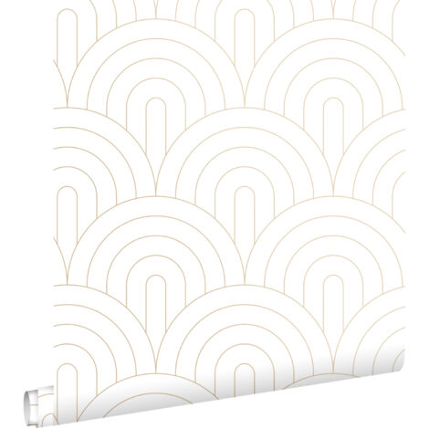 Papier peint art déco blanc et or – Motif géométrique – 53cm x 10,05m – Pose facile sans table à tapisser – Encre écologique – Estahome (1/5)