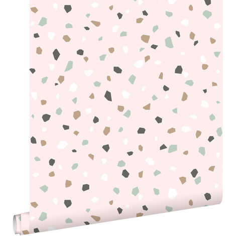 papier peint imitation terrazzo rose clair, blanc et vert menthe - ESTAhome (1/5)