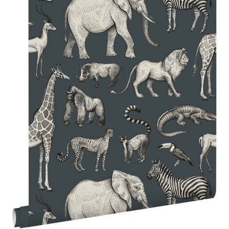 papier peint animaux de la jungle bleu gris et gris  - ESTAhome (1/5)