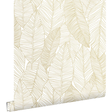 Papier peint intissé feuilles dessinées blanc et or – Dimensions 53cm x 10.05m – Raccord sauté – Facile à poser – Estahome