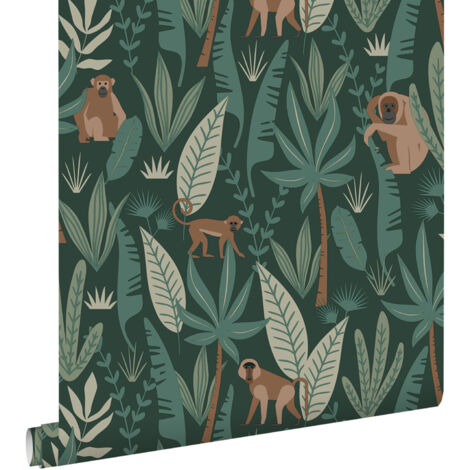 papier peint singes de la jungle vert foncé - ESTAhome