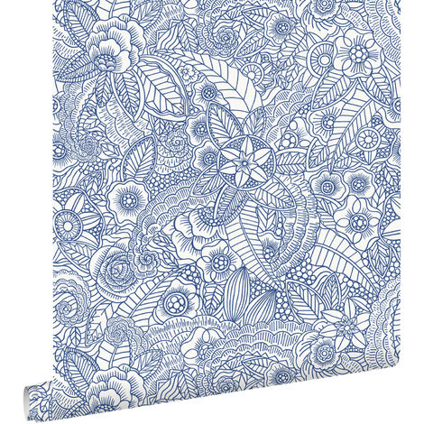 papier peint fleurs bleu sur blanc - ESTAhome (1/5)
