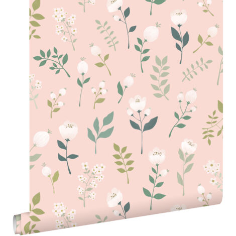 papier peint fleurs rose clair, vert et blanc - ESTAhome