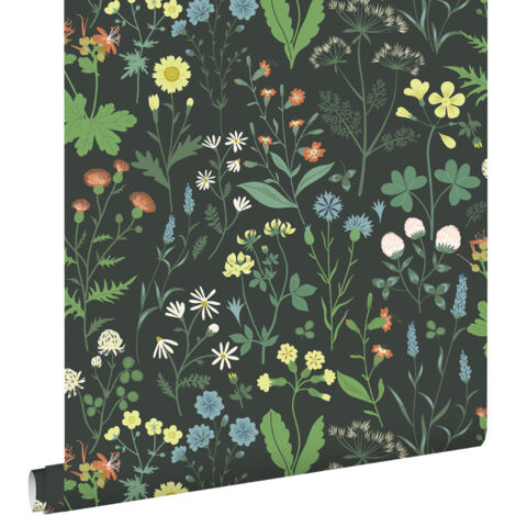 papier peint fleurs des champs multicolore sur noir  - ESTAhome