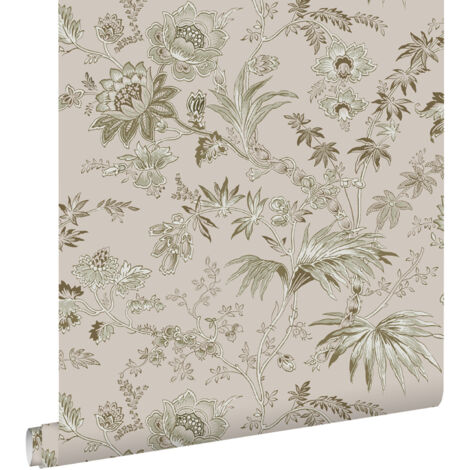 papier peint fleurs vintage vieux rose et vert olive grisé - ESTAhome (1/5)