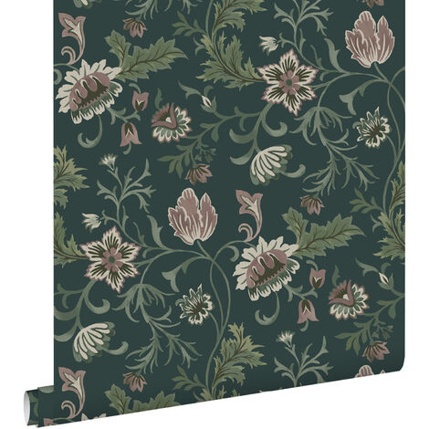 papier peint fleurs vintage gris charbon de bois et vert  - ESTAhome