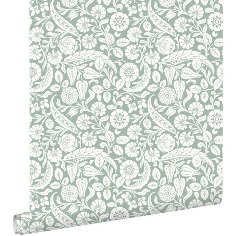 papier peint fleurs vert grisé - ESTAhome (1/5)
