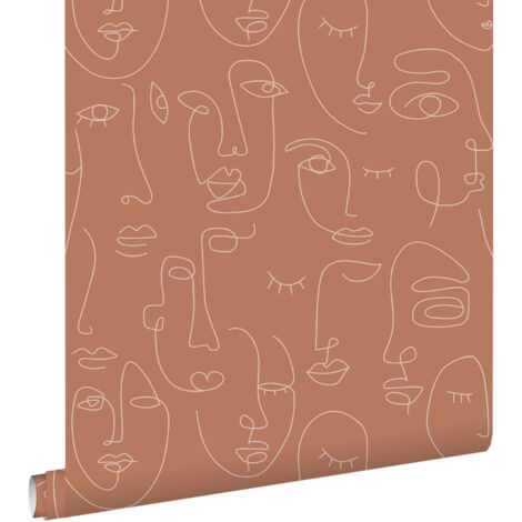 papier peint visages Line Art terracotta - ESTAhome (1/5)