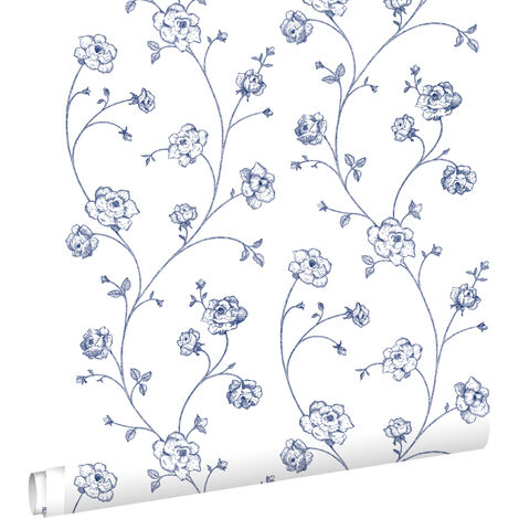 papier peint roses en Toile de Jouy blanc et bleu  - ESTAhome (1/5)