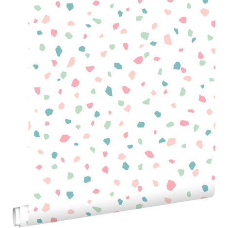 papier peint imitation terrazzo blanc, rose et vert - ESTAhome (1/5)