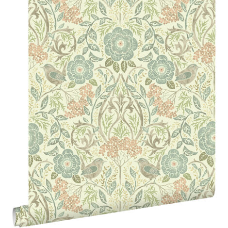 papier peint fleurs et oiseaux de style art nouveau bleu gris, marron et vieux rose  - ESTAhome
