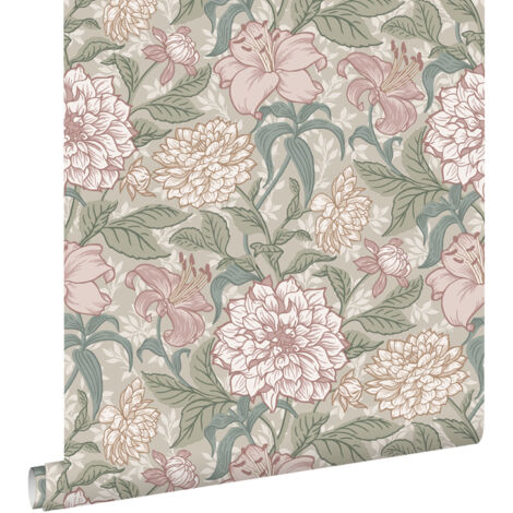 papier peint fleurs vintage vieux rose et vert grisé - ESTAhome (1/5)