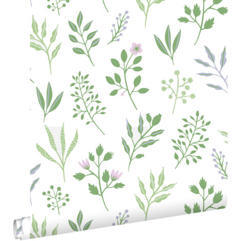 papier peint fleurs au style scandinave vert et lilas violet - ESTAhome (1/5)
