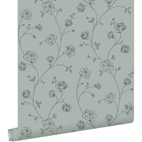 papier peint roses en Toile de Jouy vert grisé - ESTAhome (1/5)