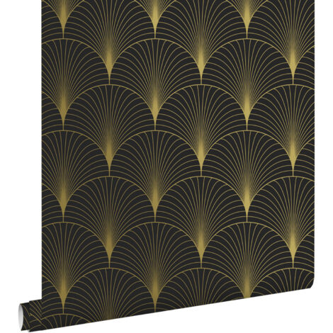 Papier peint intissé art déco noir et or – Dimensions 53cm x 10,05m – Impression écologique – Pose facile sans table à tapisser – Estahome