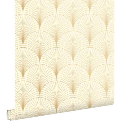Papier peint intissé art déco beige et or – Dimensions 53cm x 10,05m – Raccord droit – Écologique avec encres à base d'eau – Estahome