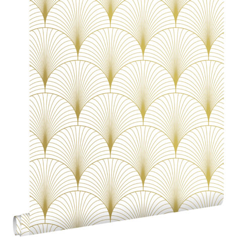 Papier peint art déco intissé blanc et or – Dimensions 53cm x 10,05m – Écologique avec encres à base d'eau – Pour chambre ou bureau – Estahome