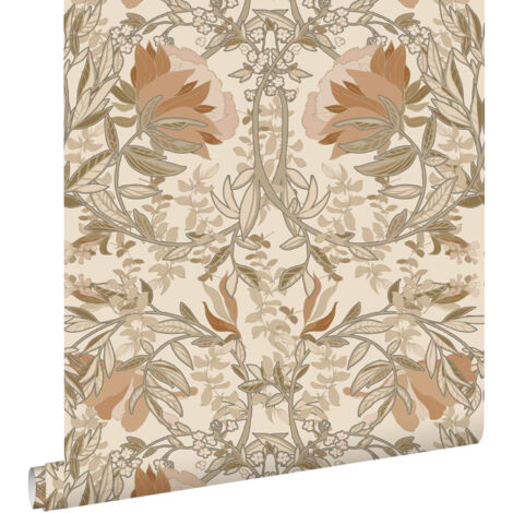 papier peint fleurs vintage de style art nouveau beige clair et vieux rose  - ESTAhome