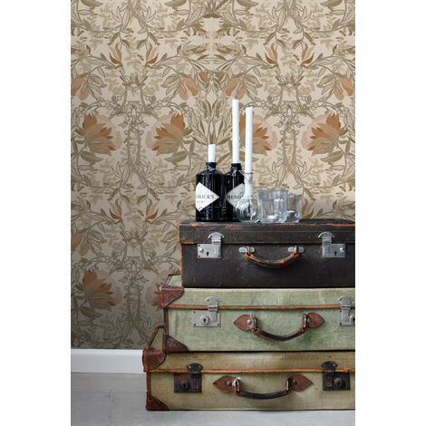 papier peint fleurs vintage de style art nouveau beige clair et vieux rose  - ESTAhome