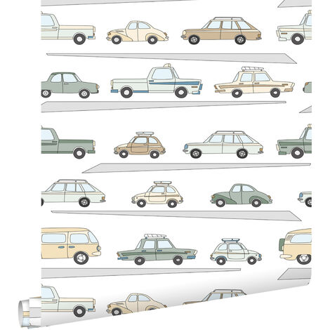 papier peint voitures vert grisé, gris et beige  - ESTAhome (1/5)