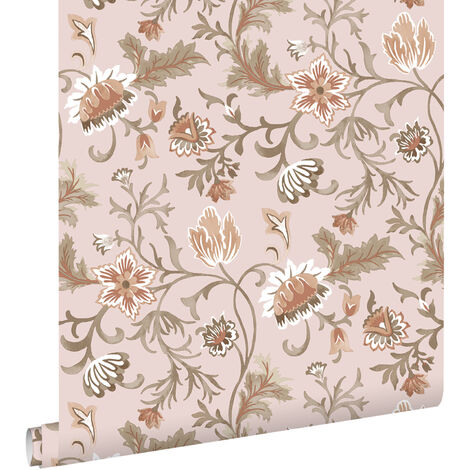papier peint fleurs vintage vieux rose, terracotta et vert - ESTAhome (1/5)