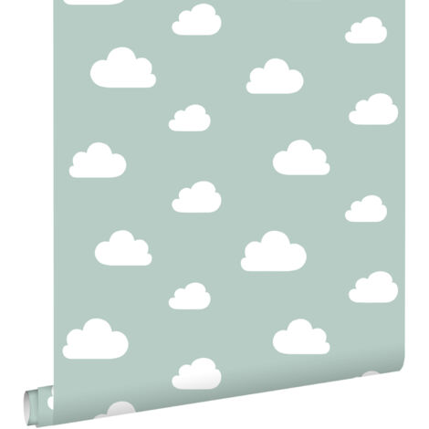 papier peint petits nuages vert menthe grisé - ESTAhome (1/5)