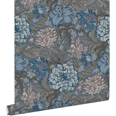 papier peint fleurs vintage bleu gris et gris chaud - ESTAhome (1/5)