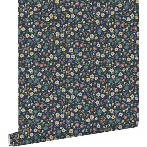 papier peint fleurs bleu foncé, rose lilas et vert grisé  - ESTAhome