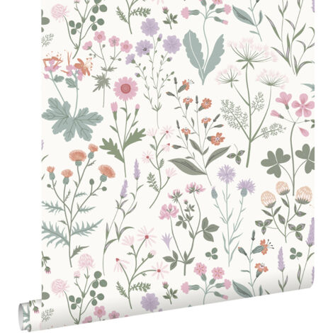 papier peint fleurs des champs violet, rose et vert - ESTAhome
