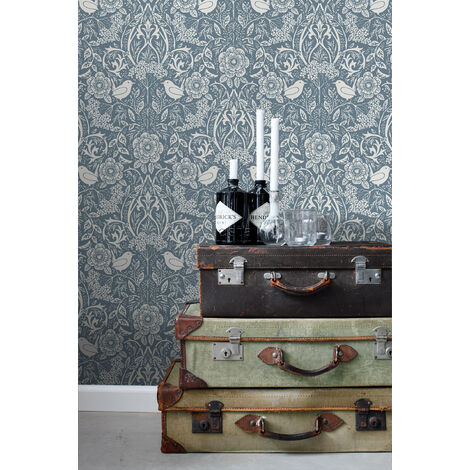 papier peint fleurs et oiseaux de style art nouveau bleu gris  - ESTAhome