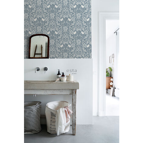 papier peint fleurs et oiseaux de style art nouveau bleu gris  - ESTAhome