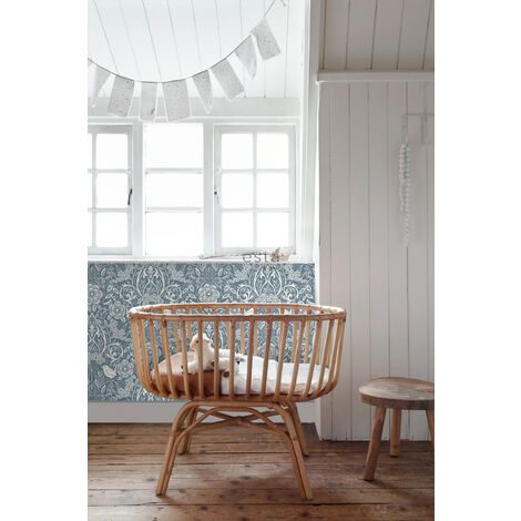 papier peint fleurs et oiseaux de style art nouveau bleu gris  - ESTAhome