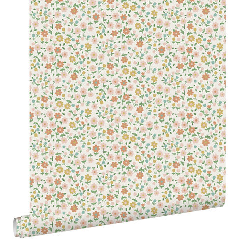 Papier peint à motif fleurs jaune ocre, rose clair et terracotta – Dimensions 53cm x 10,05m – Écologique et facile à poser – Estahome