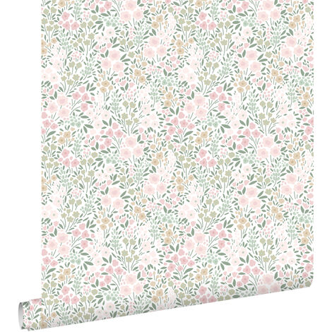 papier peint fleurs rose clair et vert - ESTAhome