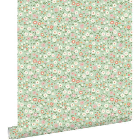 papier peint fleurs vert, rose terracotta et blanc - ESTAhome