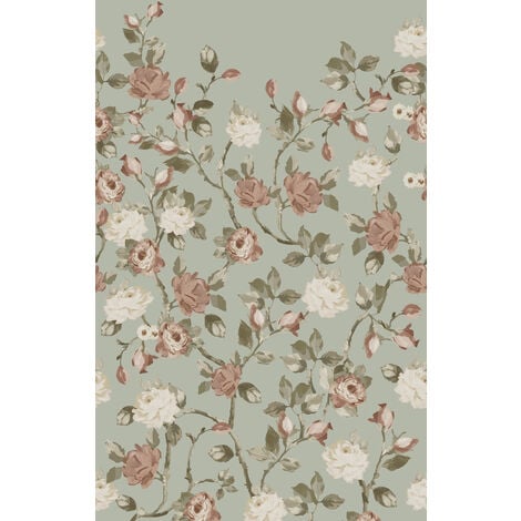 papier peint panoramique fleurs vintage vert menthe grisé et vieux rose  - ESTAhome