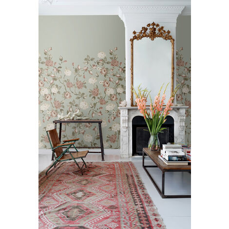 papier peint panoramique fleurs vintage vert menthe grisé et vieux rose  - ESTAhome