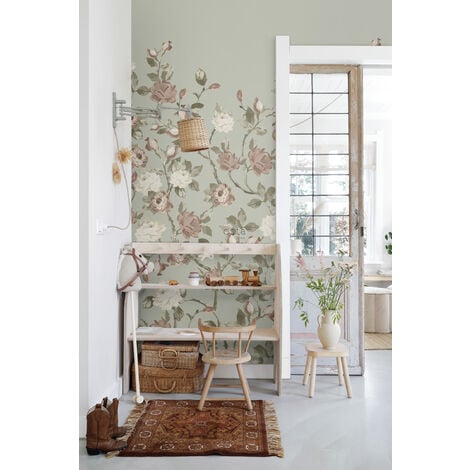 papier peint panoramique fleurs vintage vert menthe grisé et vieux rose  - ESTAhome