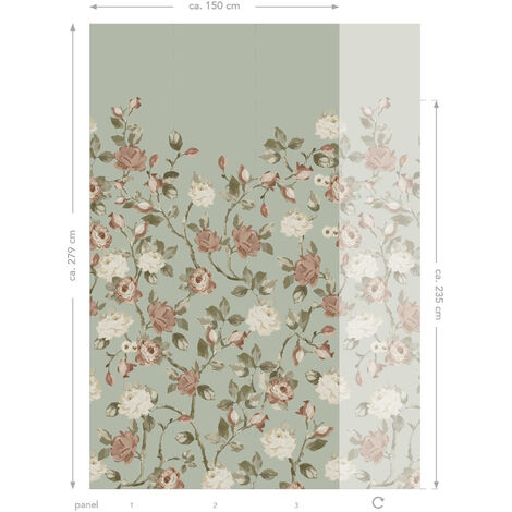 papier peint panoramique fleurs vintage vert menthe grisé et vieux rose  - ESTAhome