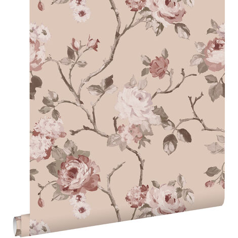 Papier peint à motif fleurs vintage rose – 53 cm x 10,05 m – Intissé écologique – Pose facile sans table à tapisser – Estahome