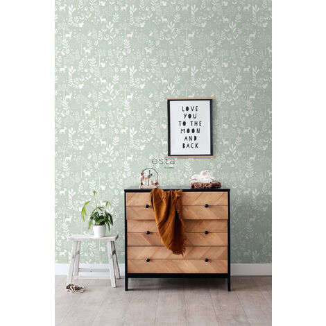 papier peint forêt avec des animaux de la forêt vert menthe  - ESTAhome