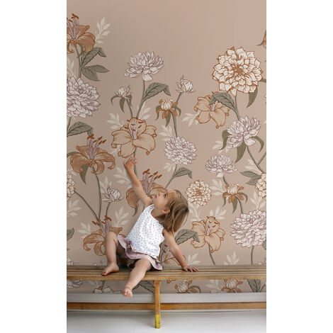 papier peint panoramique fleurs vintage vieux rose et terracotta  - ESTAhome