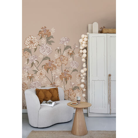 papier peint panoramique fleurs vintage vieux rose et terracotta  - ESTAhome