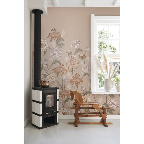 papier peint panoramique fleurs vintage vieux rose et terracotta  - ESTAhome