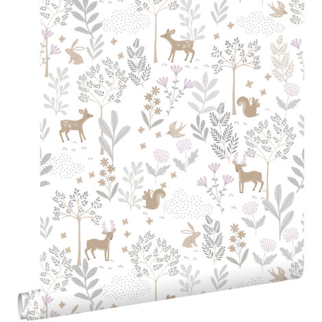 papier peint forêt avec des animaux de la forêt lilas violet et beige - ESTAhome (1/5)