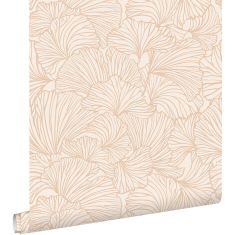 Papier peint à motif feuilles de ginkgo – Sable beige et terracotta claire – Intissé 53cm x 10,05m – Pose facile sans table à tapisser – Estahome