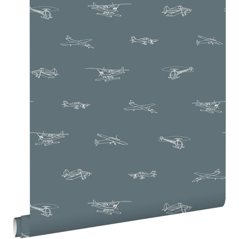 papier peint avions et hélicoptères bleu gris  - ESTAhome (1/5)
