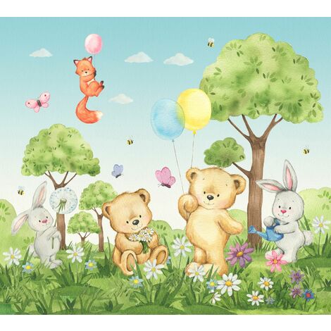 papier peint panoramique forêt avec des animaux de la forêt vert et bleu  - Sanders & Sanders (1/4)