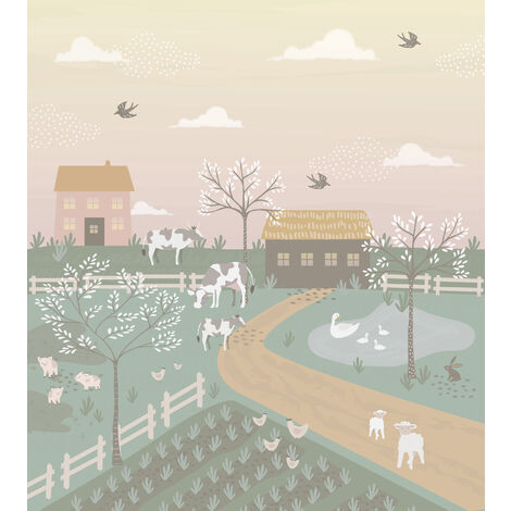 papier peint panoramique les animaux de la ferme vert et rose - ESTAhome (1/5)