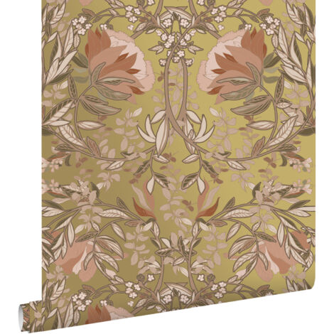 papier peint fleurs vintage de style art nouveau or et rose terracotta - ESTAhome (1/5)